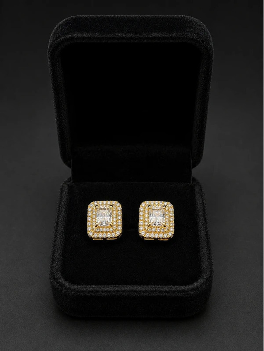 #714 Gold Tone Rectangular VVS CZ Halo Stud Earrings $125 Retail - Picture 2 of 3